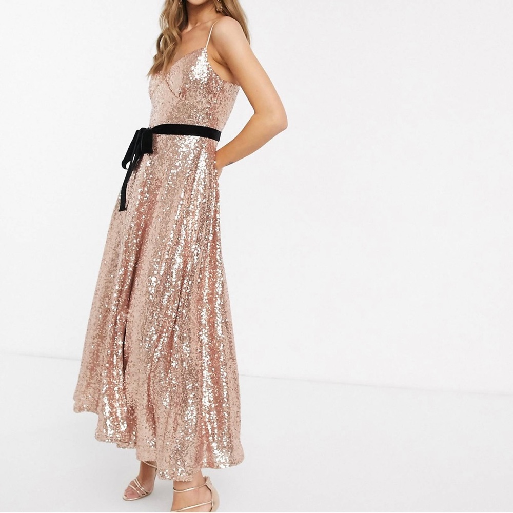 NWT Forever U cami strap midi sequin dress rose gold with belt size 8 ASOS